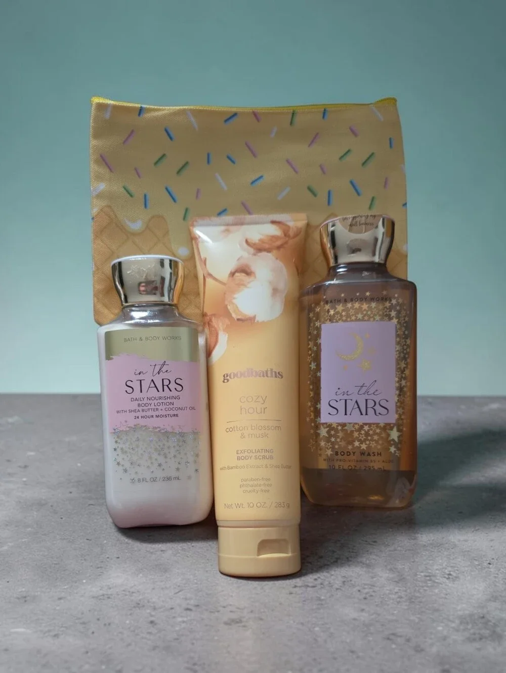 Bath & Body Works In The Stars Set & Goodbaths Cozy Hour Scrub & Cosmetic Pouch